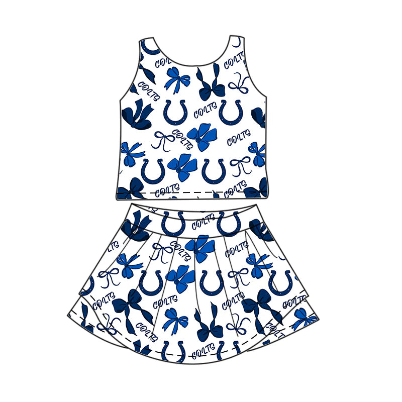 7.1Preorder (moq 5)Baby Girls Blue Sleeveless Bows Plaid Colts Top Skort Team Set