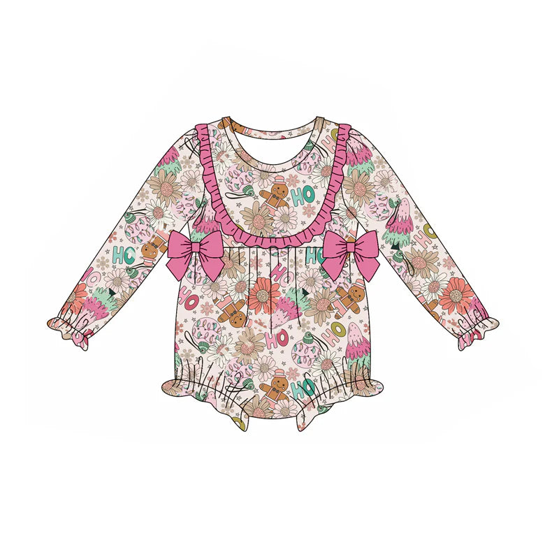 7.18Preorder moq 5 Baby Girls Pink Long Ruffle Sleeves Flowers Gingerbread Bows Rompers