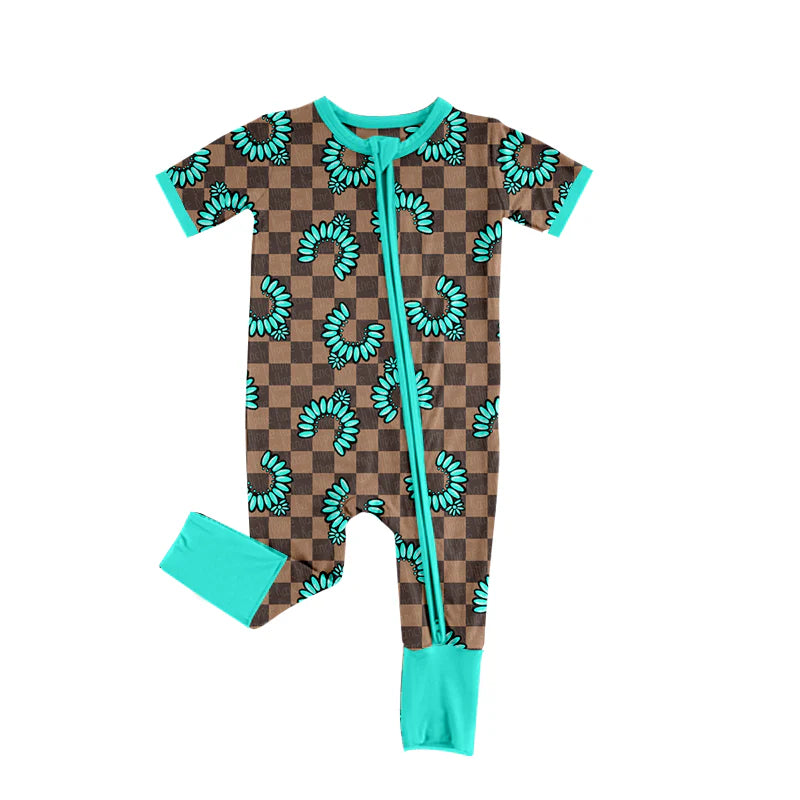 X919Preorder (moq 5)Baby Boys Khaki Checked Turquoises Western Zipper Footie Rompers