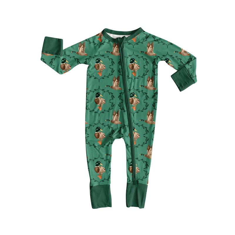 8.12Preorder(moq 5)Baby Infant Mallard Ducks Hunting Green Zipper Footie Rompers