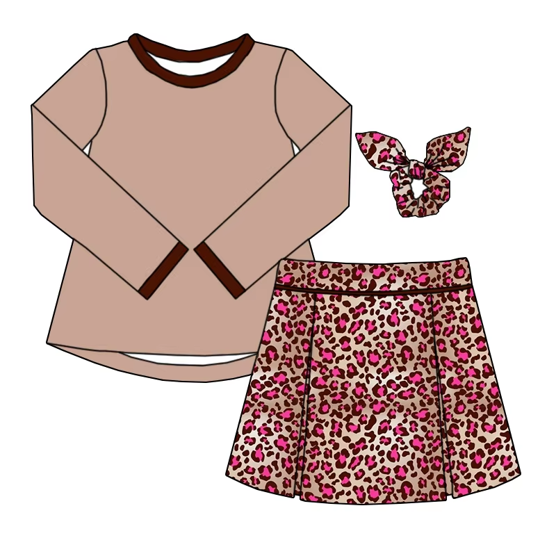 6.10 Solid color top brown leopard print skirt and pants set