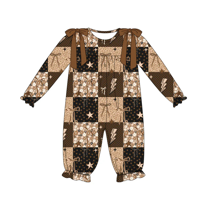 7.14Preorder (moq 5)Baby Girls Brown Long Sleeves Flowers Bows Plaid Ruffle Pant Romper