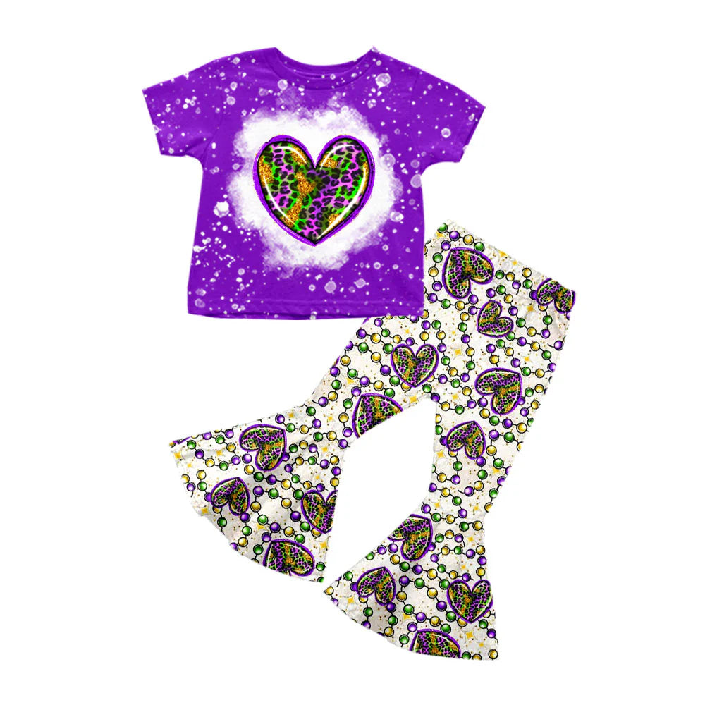 X926Preorder (moq 5)Baby Girls Leopard Hearts Top Bell Bottom Pants Mardigras Clothes Sets