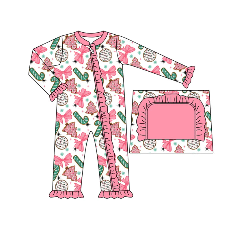 8.1Preorder(moq 5)Baby Girls Long Sleeves Pink Bows Candy Cane Plaid Ruffle Zipper Rompers