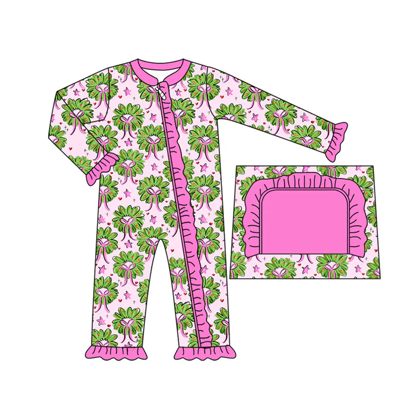8.7preorder(moq 5)Baby Infant Girls Pink Bows Holly Plaid Ruffle Christmas Zipper Rompers