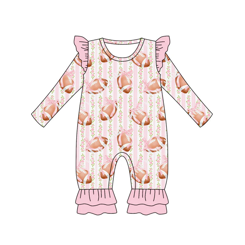 7.14Preorder (moq 5)Baby Girls Long Sleeves Pink Bows Footballs Stripe Ruffle Pants Romper