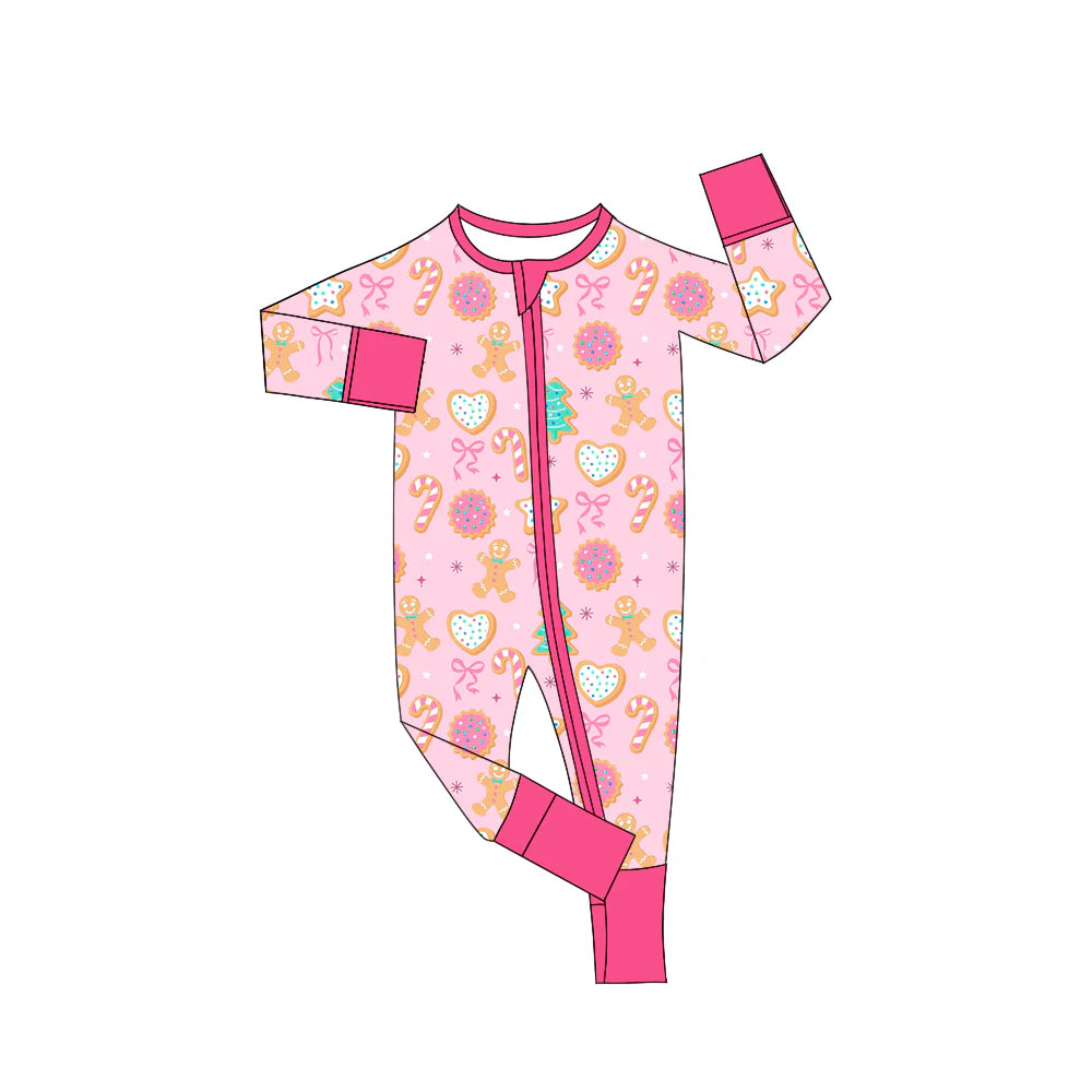 X902Preorder(moq 5)Baby Girls Christmas Pink Gingerbread Trees Zipper Footie Rompers