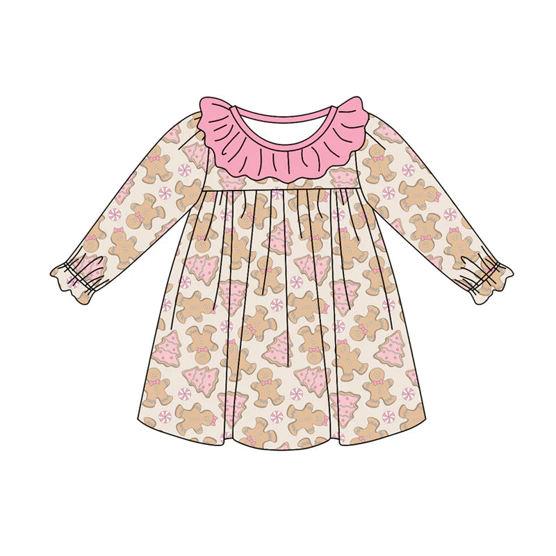 7.11Preorder (moq 5)Baby Girls Long Sleeves Pink Gingerbread Trees Plaid Knee Length Dresses
