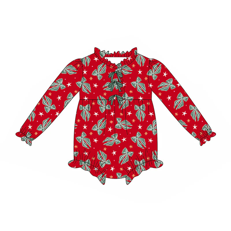 8.6Preorder(moq 5)Baby Infant Girls Green Bows Stars Plaid Ruffle Christmas Rompers