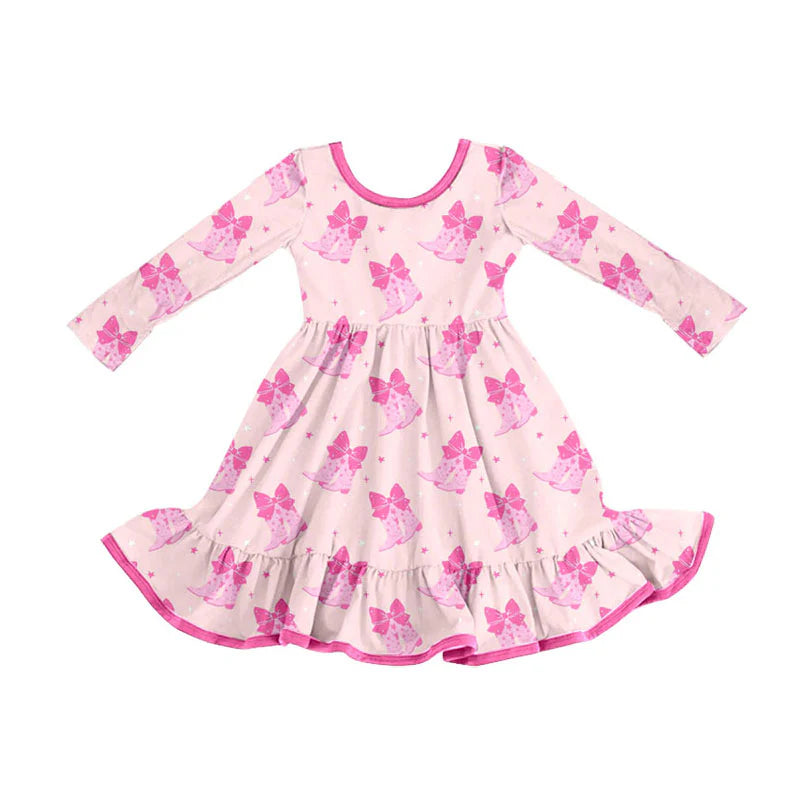 X909Preorder (moq 5)Baby Girls Pink Bows Boots Valentine Ruffle Knee Length Dresses