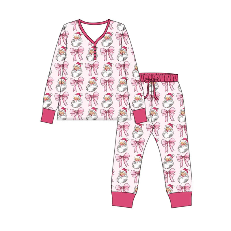 X920Preorder (moq 5)Baby Girls Pink Santa Bows Button Top Pants Christmas Pajamas Sets