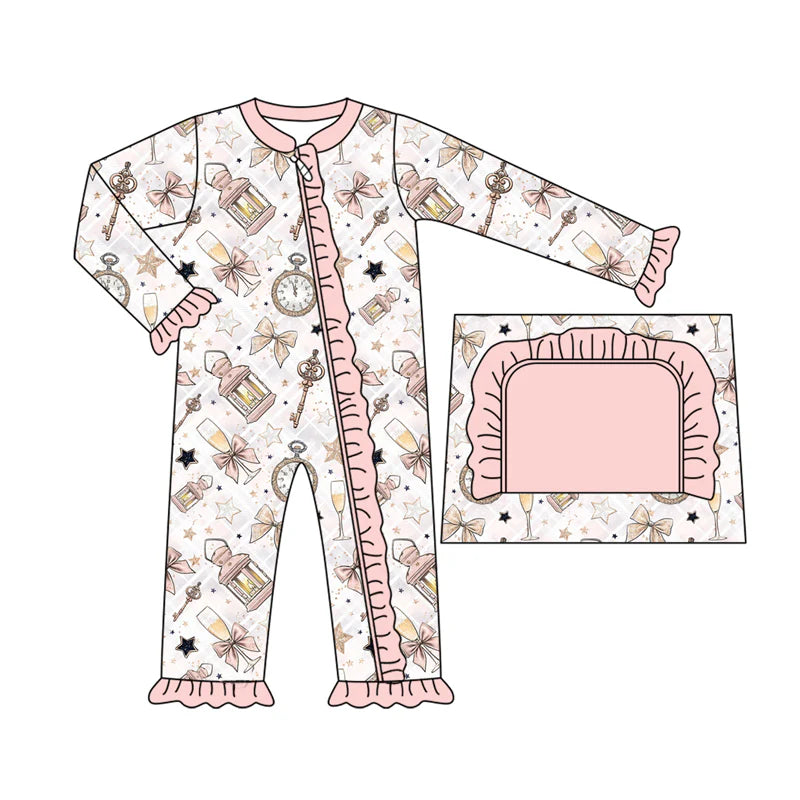 7.19Preorder(moq 5)Baby Kids Pink Bows Key Stars Ruffle Zipper Pant Rompers