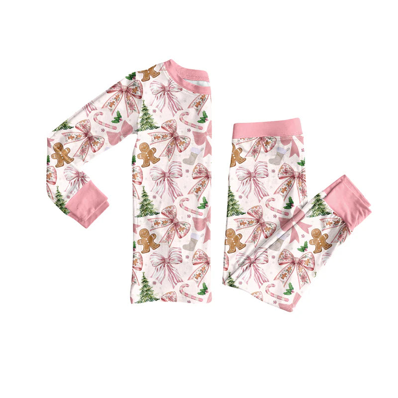 7.9Preorder (moq 5)Baby Girls Long Sleeves Pink Bows Gingerbread Top Pant Pajamas Clothes Set