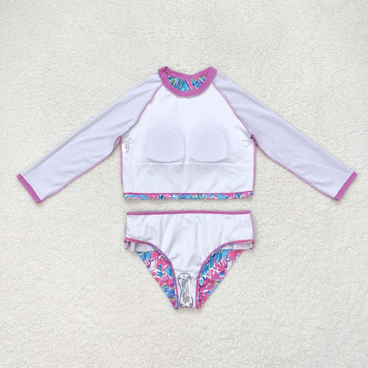 S0259 Flower pattern rose pink lace blue long-sleeved swimsuit set