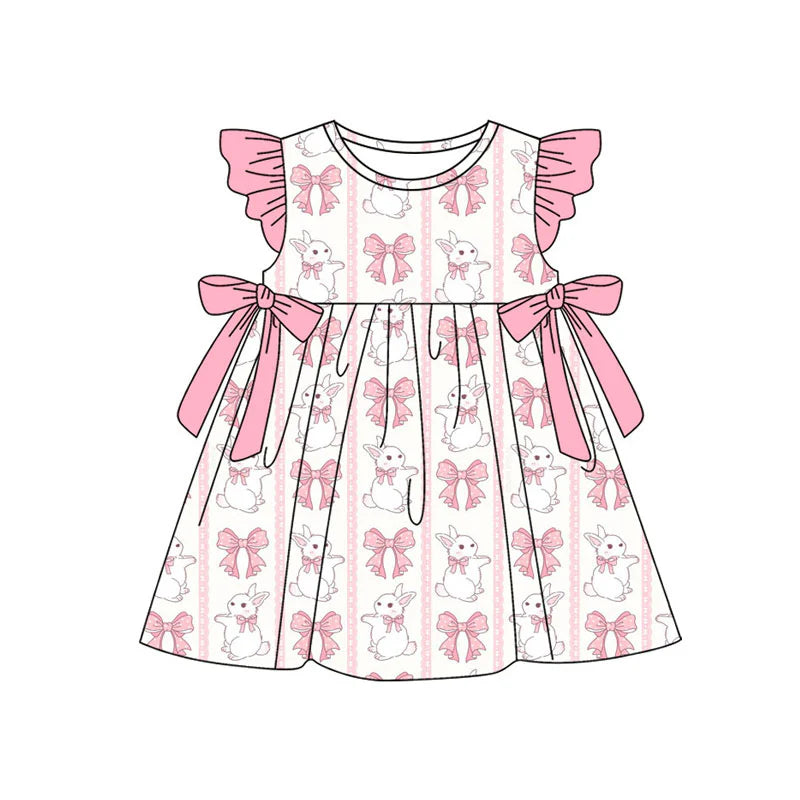 X11.17Preorder(moq 5) Baby Girls Pink Flutter Sleeve Bows Rabbits Stripe Easter Knee Length Dresses