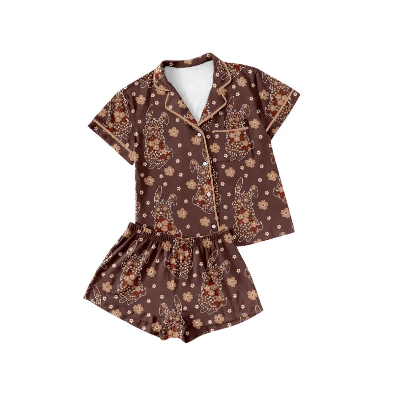 X12.17 Preorder (moq 5)Baby Girls Brown Flowers Rabbits Pockets Button Top Shorts Easter Pajamas Sets
