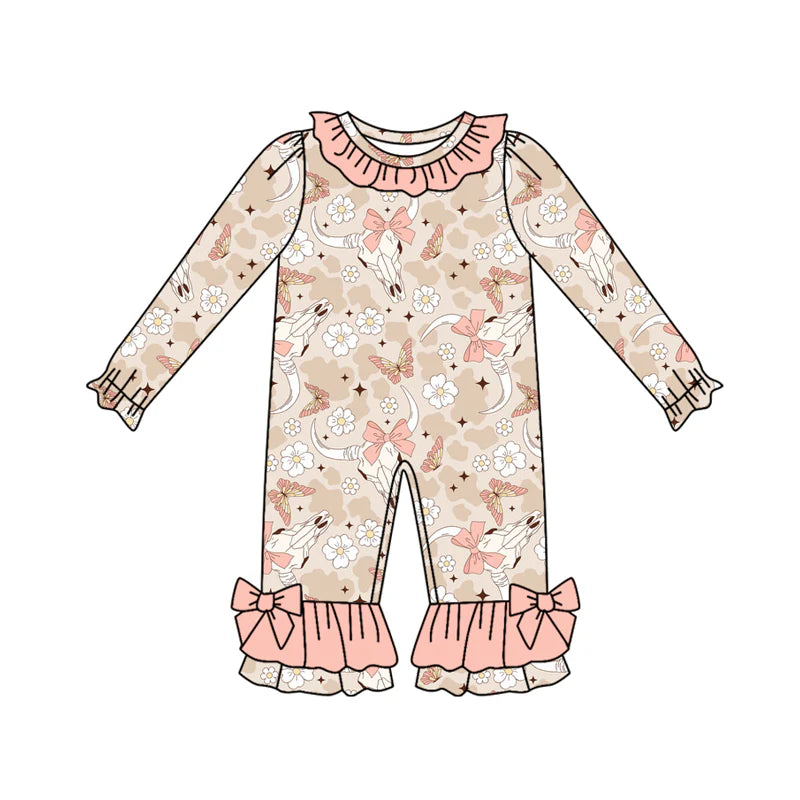 8.11Preorder(moq 5)Baby Infant Girls Peach Camo Bull Skull Flowers Ruffle Pant Rompers