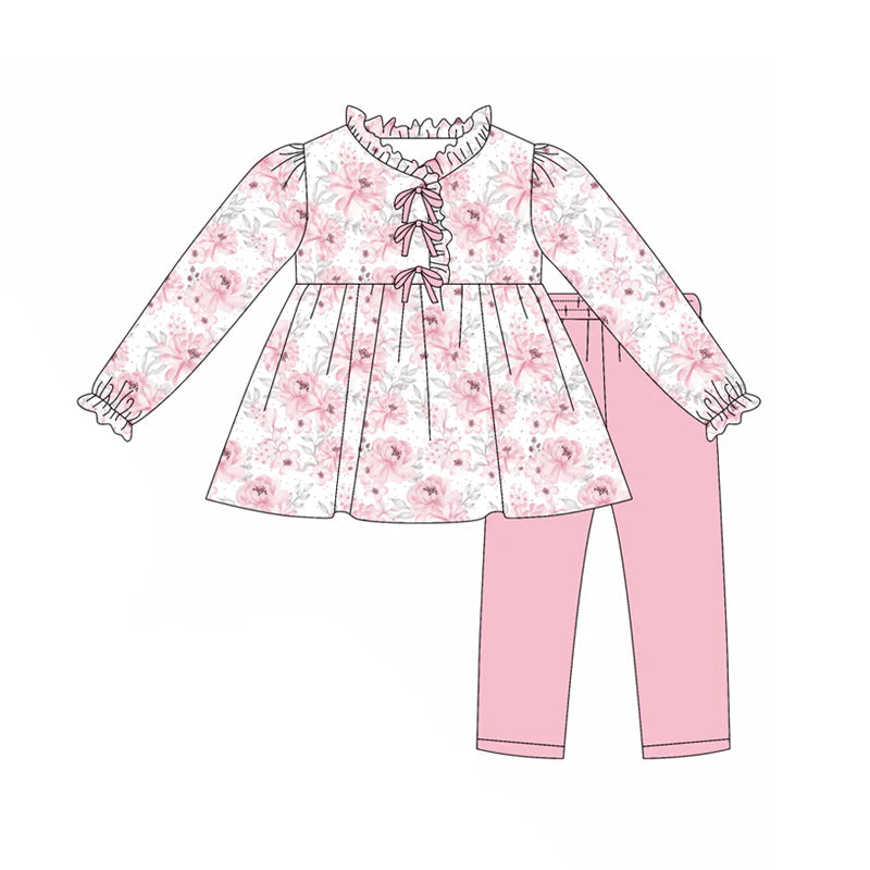 7.31Preorder(moq 5) Baby Girls Long Ruffle Sleeves Pink Flowers Tunic Legging Pants Set