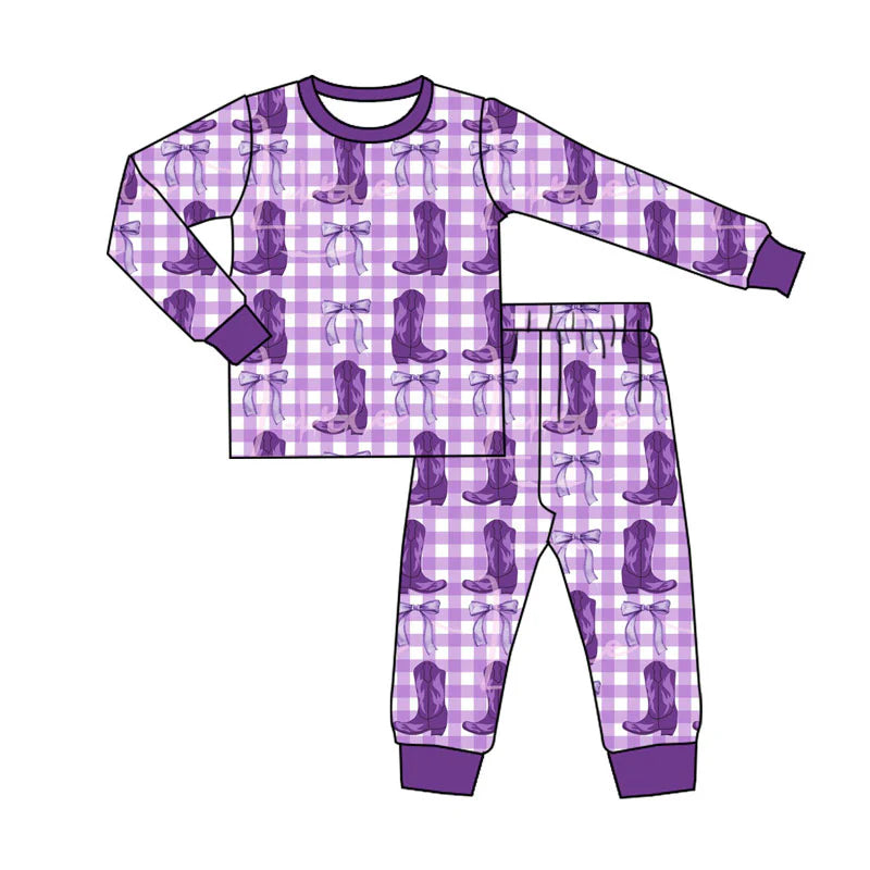X924Preorder (moq 5)Baby Boys Purple Checked Boots Bows Top Pants Pajamas Sets