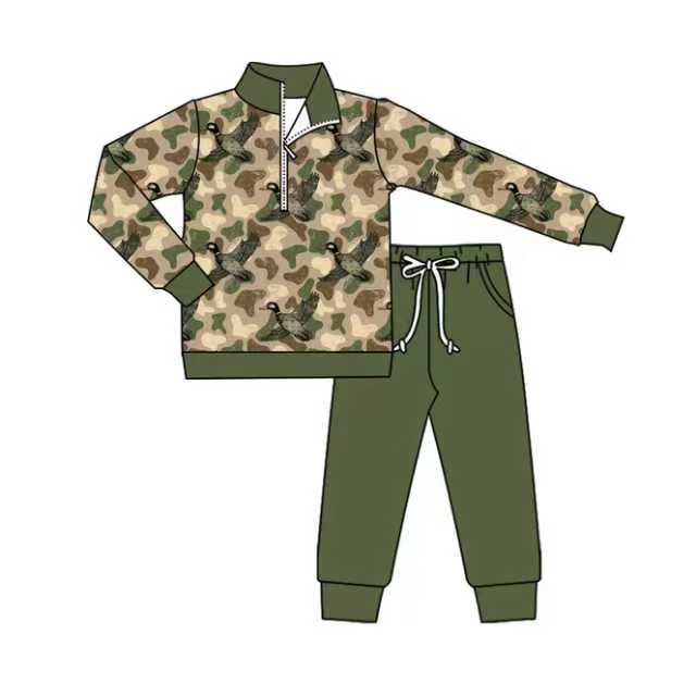 X904Preorder (moq 5)Baby Boys Green Camo Ducks Zipper Pullover Pockets Jogger Western Clothes Sets