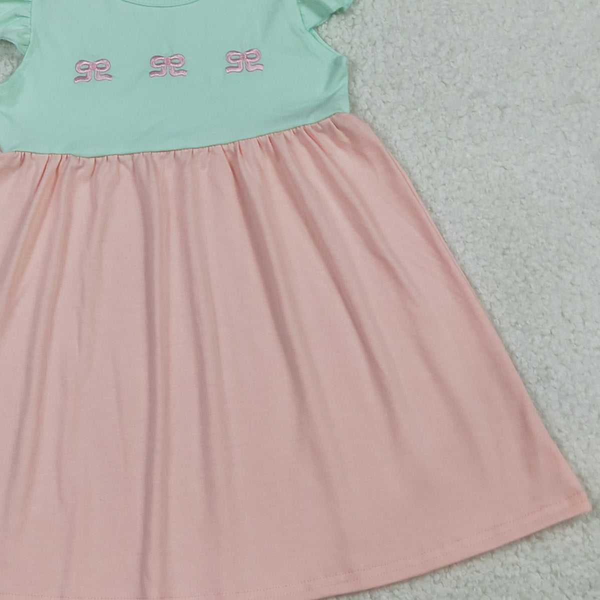 GSD3530 Embroidery Bows Baby Girls Flutter Sleeve Patchwork Knee Length Dress