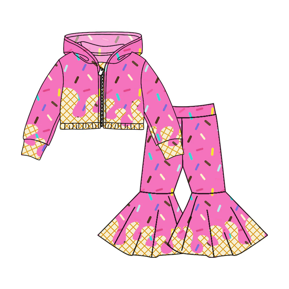 8.4Preorder (moq 5)Baby Girls Hot Pink Long Sleeves Drip Zipper Jacket Top Bell Bottom Pant Team Clothes Sets