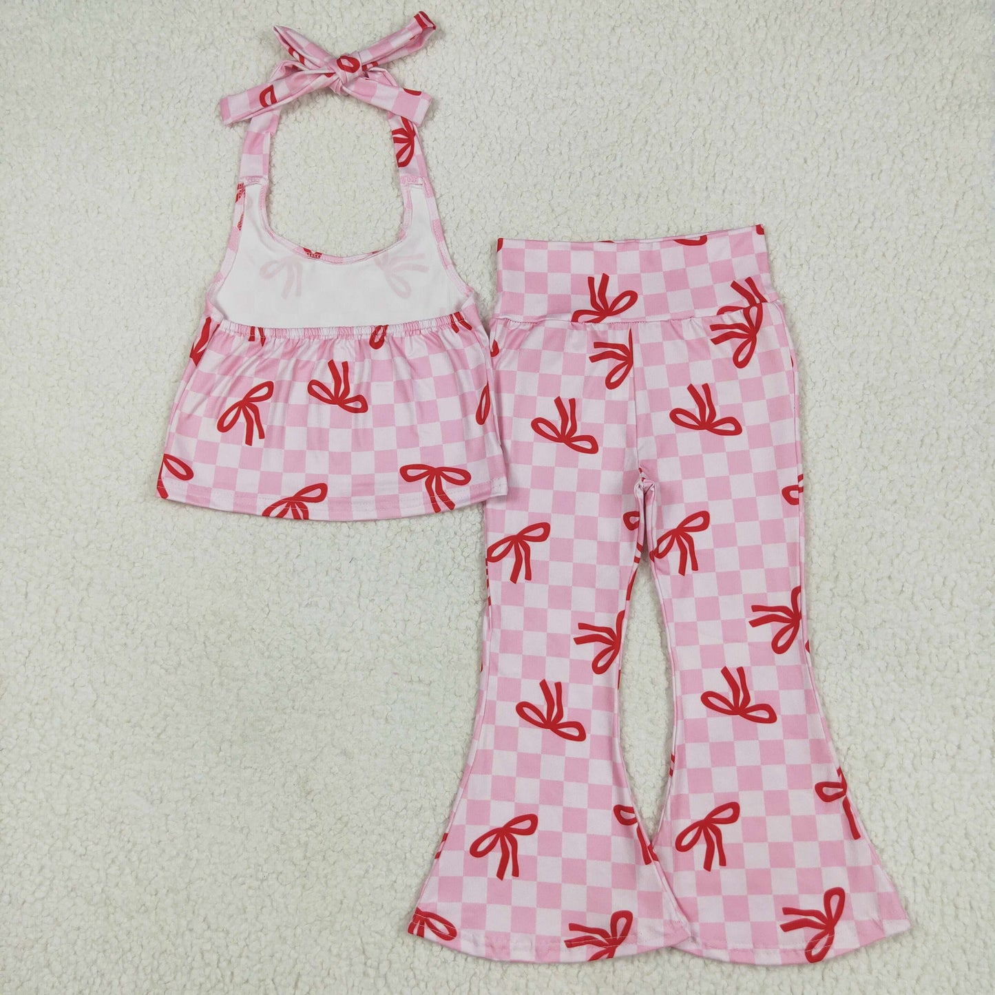 6.3 GSPO2030 Pink and white plaid suspender trousers set with red bow pattern