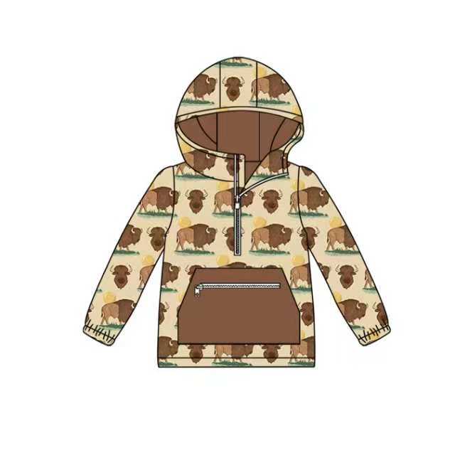 X904Preorder (moq 5)Baby Boys Brown Bull Zipper Pocket Western Hooded Tops