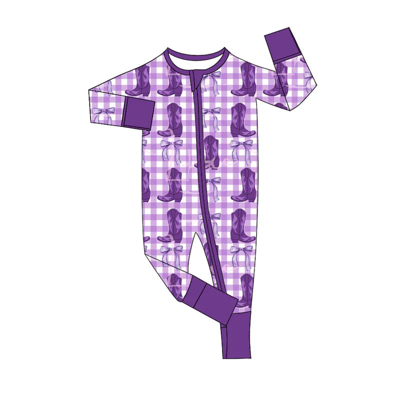X924Preorder (moq 5)Baby Boys Purple Checked Boots Bows Zipper Footie Rompers
