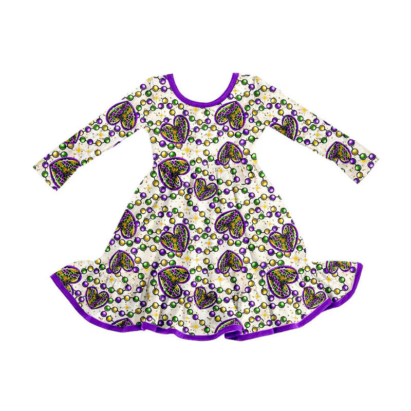 X925Preorder (moq 5)Baby Girls Leopard Hearts Checked Mardigras Ruffle Knee Length Dresses