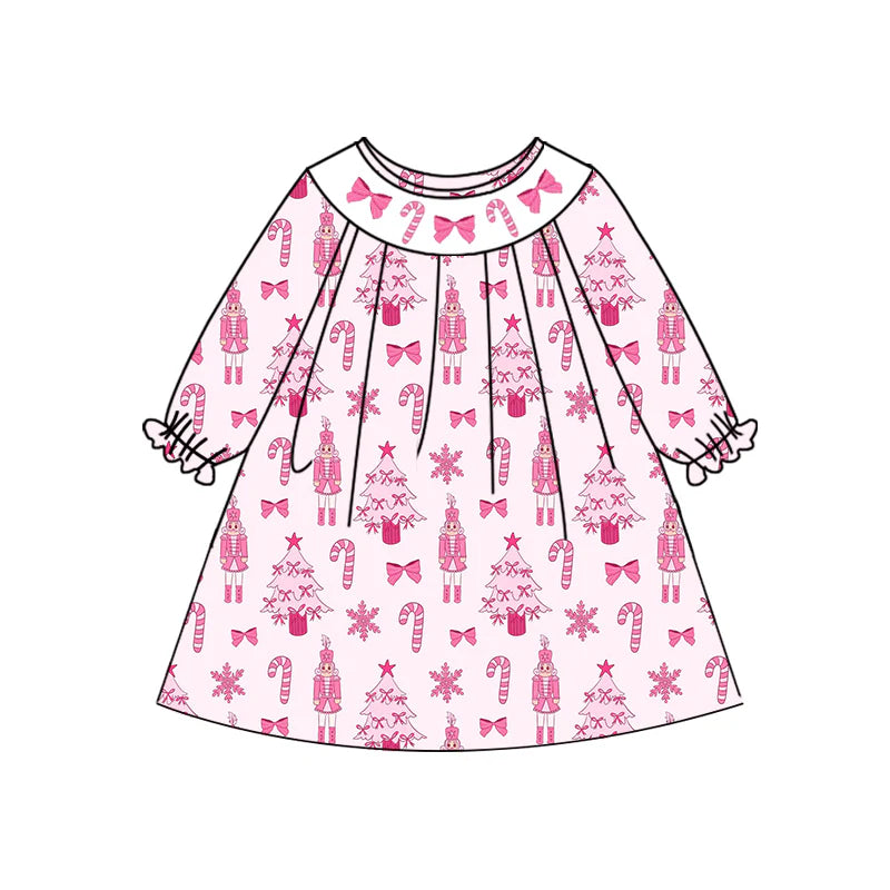 7.11Preorder (moq 5)Baby Girls Long Sleeves Pink Bows Candy Cane Soldiers Knee Length Dresses