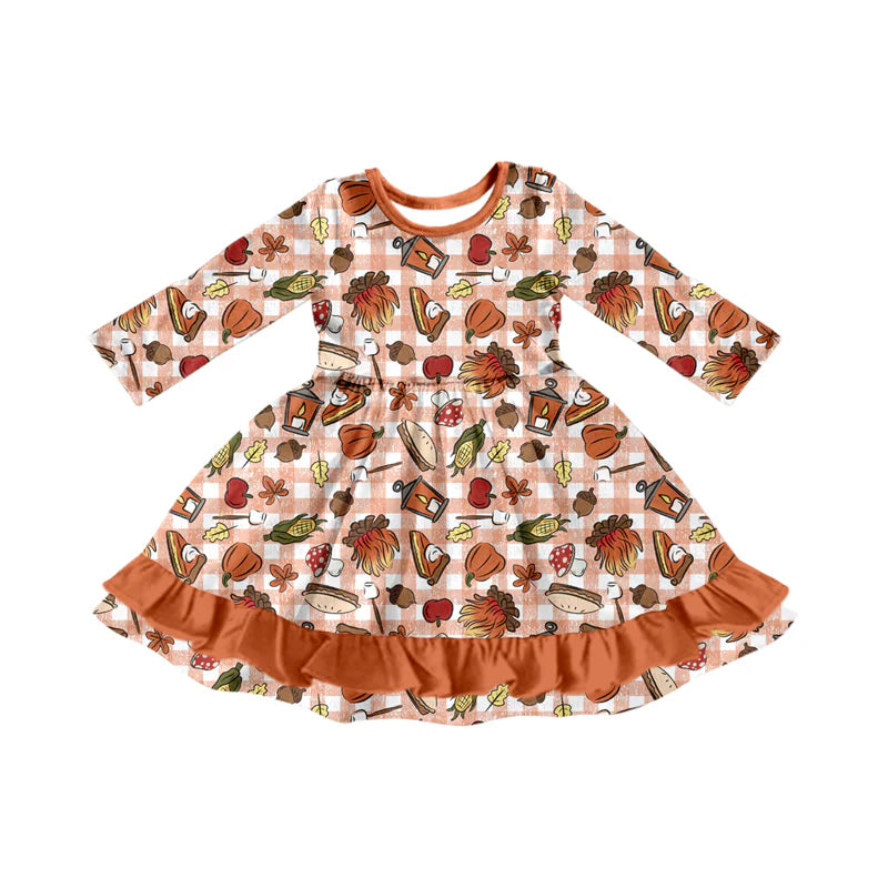 7.12Preorder (moq 5)Baby Girls Long Sleeves Pumpkins Leaves Plaid Ruffle Knee Length Dresses