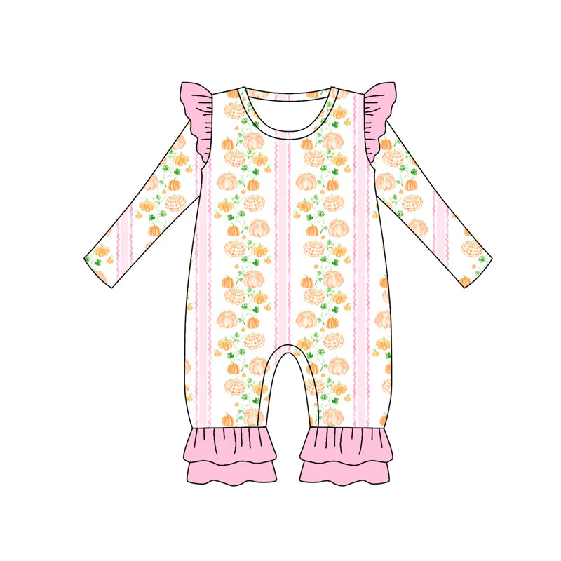 7.14Preorder (moq 5)Baby Girls Long Sleeves Pumpkins Stripes Ruffle Pant Romper