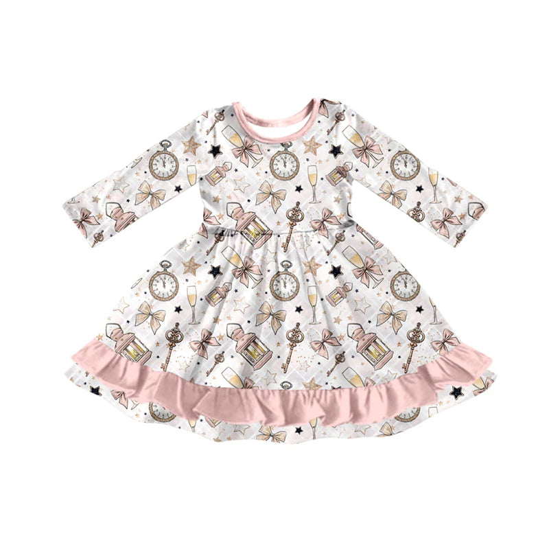 7.21Preorder (moq 5)Baby Girls Long Sleeves Pink Bows Stars Plaid Ruffle Knee Length Dresses