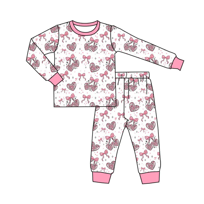 X922Preorder (moq 5)Baby Girls Pink Bows Hearts Top Pants Valentine Pajamas Sets