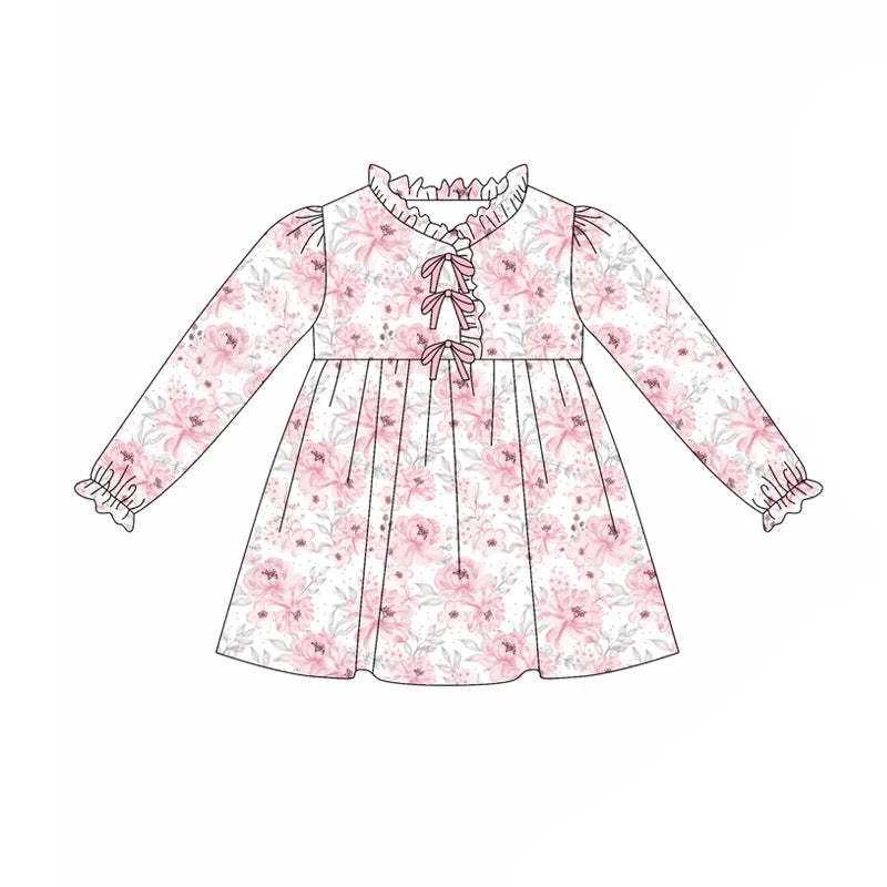 7.31Preorder(moq 5) Baby Girls Long Ruffle Sleeves Pink Flowers Knee Length Dresses