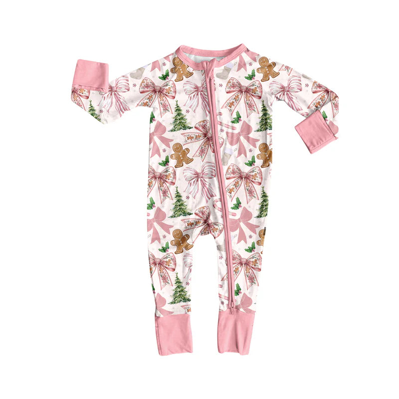 7.14Preorder (moq 5)Baby Girls Long Sleeves Pink Bows Trees Gingerbread Zipper Romper