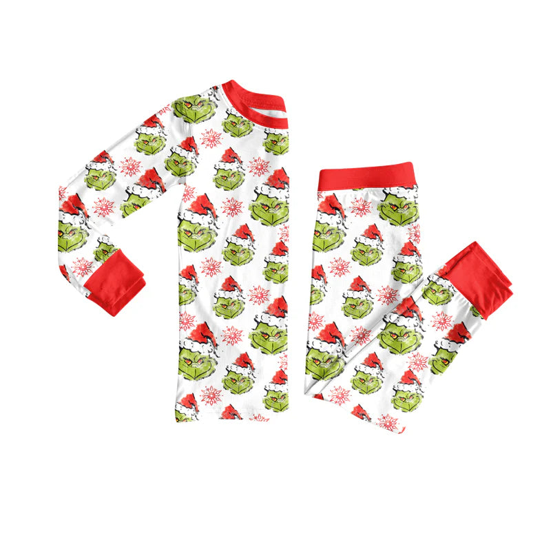 8.8Preorder(moq 5) Baby Girls Green Face Snowflake Top Pants Christmas Pajamas Set