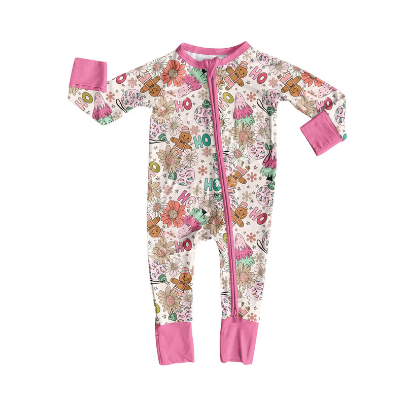 7.18Preorder moq 5 Baby Girls Long Sleeves Pink Flowers Gingerbread Zipper Rompers