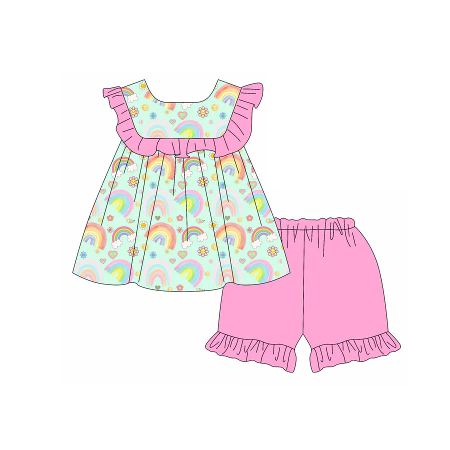 X1.13 Preorder (moq 5)Baby Girls Rainbow Flower Hearts Tunic Ruffle Shorts Valentines Clothes Sets