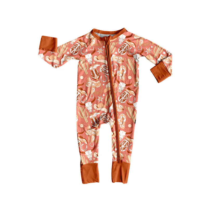 8.13Baby Boys Western Boots Cactus Cow Zipper Footie Rompers