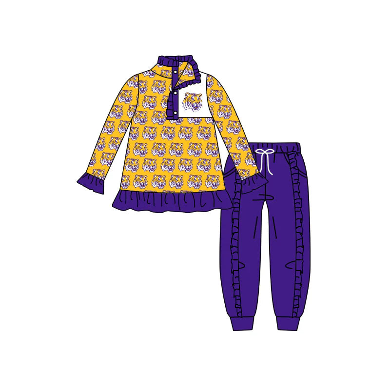 7.30preorder(moq 5) Baby Girls Yellow LSU Tigers Team Long Sleeve Top Ruffle Pants Clothes Sets