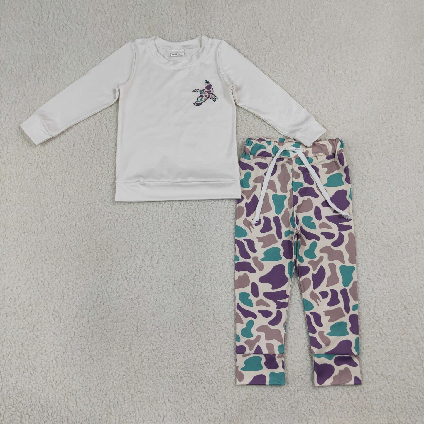 RTS NO MOQ milk silk BLP1378 Baby Boys Camo Ducks Top Pants Hunting Clothes Sets