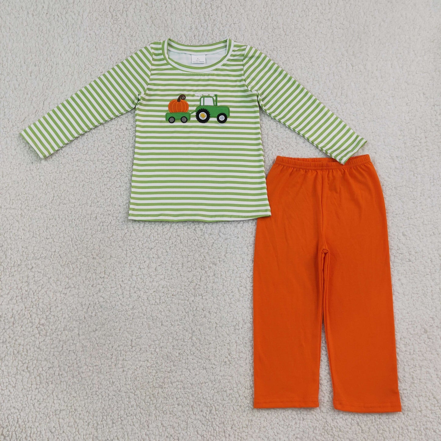 NEW RTS NO MOQ milk silk BLP1441 Embroidery Baby Boys Green Stripe Pumpkin Truck Embroidery Top Pant Fall Holiday Sets