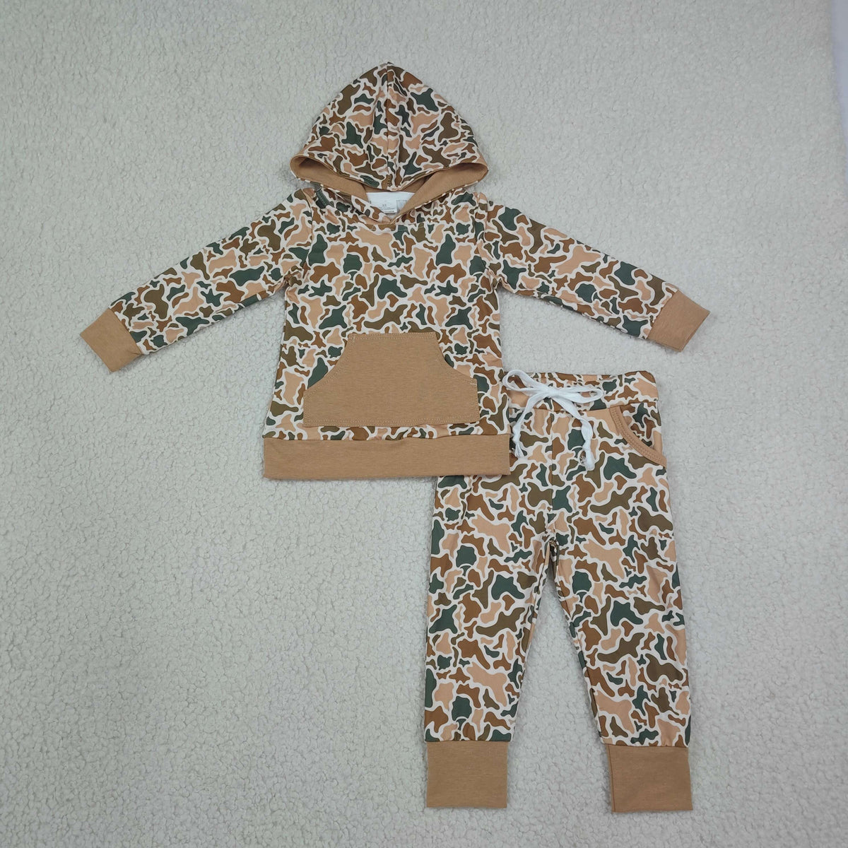 RTS NO MOQ milk silk BLP1509 Baby Boys Khaki Green Camo Hoodie Pocket Jogger Pants Clothes Set