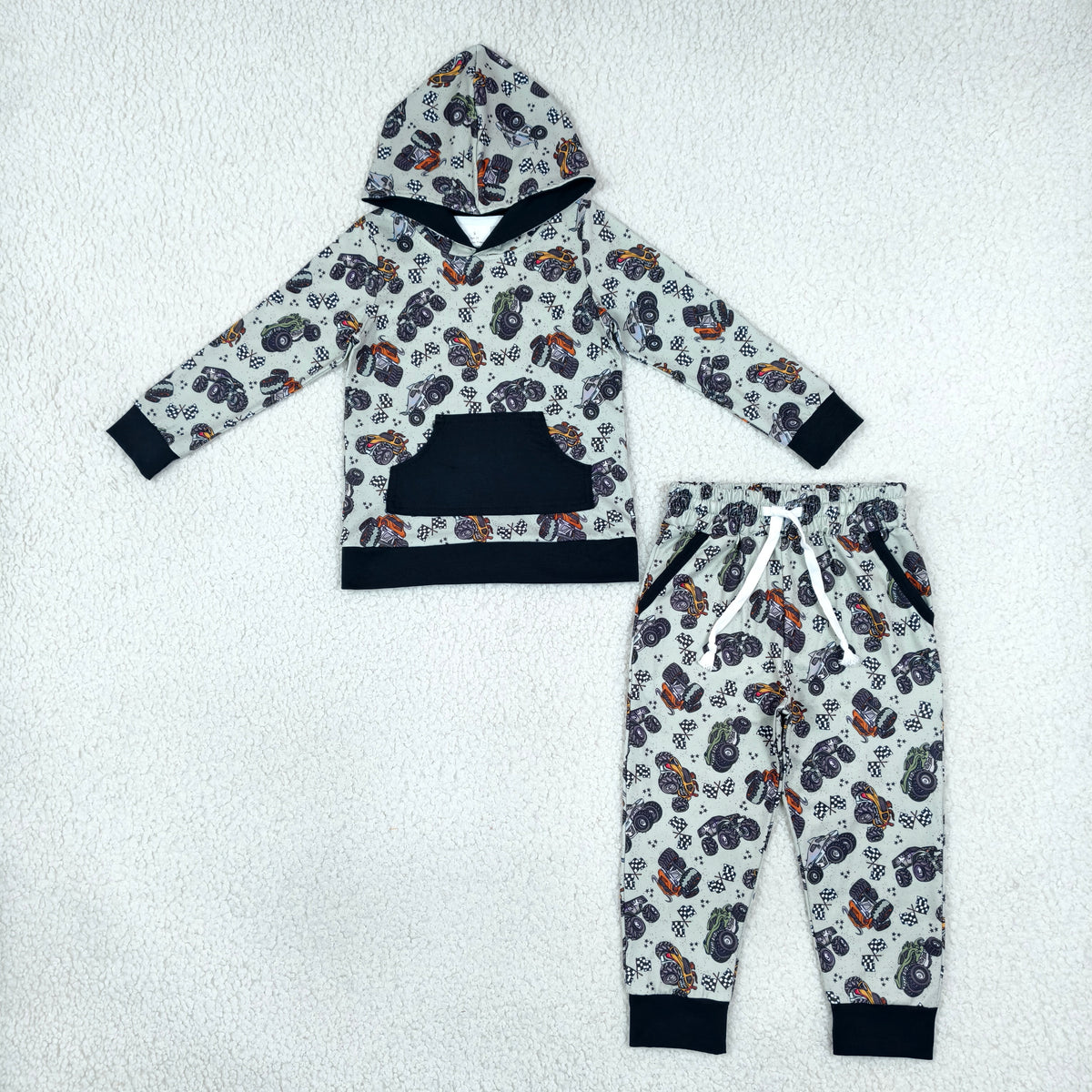 NEW RTS NO MOQ milk silk BLP1511 Baby Boys Flags Motors Pocket Hoodie Jogger Pants Clothes Set