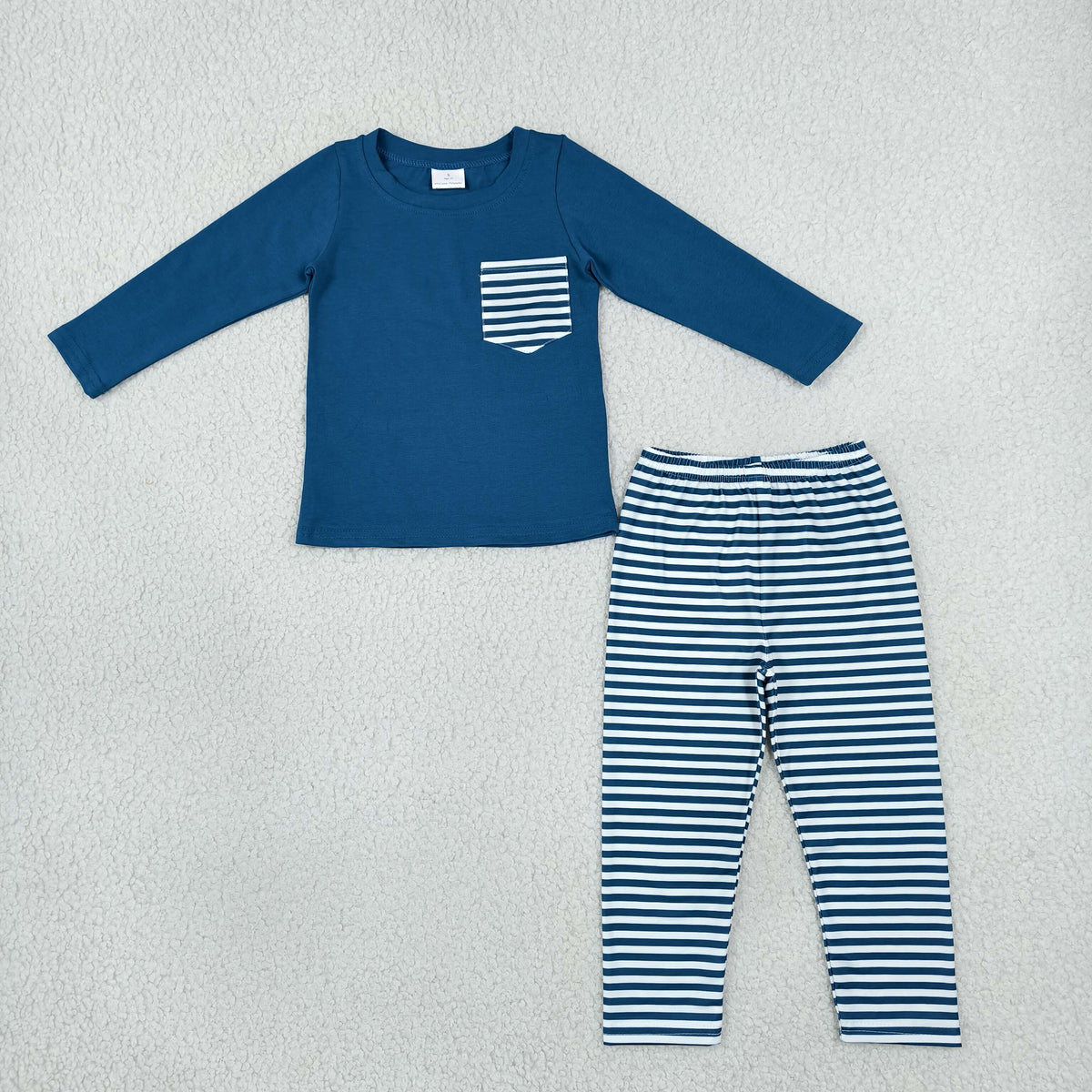 NEW RTS NO MOQ milk silk BLP1512 Baby Boys Navy Long Sleeve Pocket Top Stripe Legging Pants Clothes Set