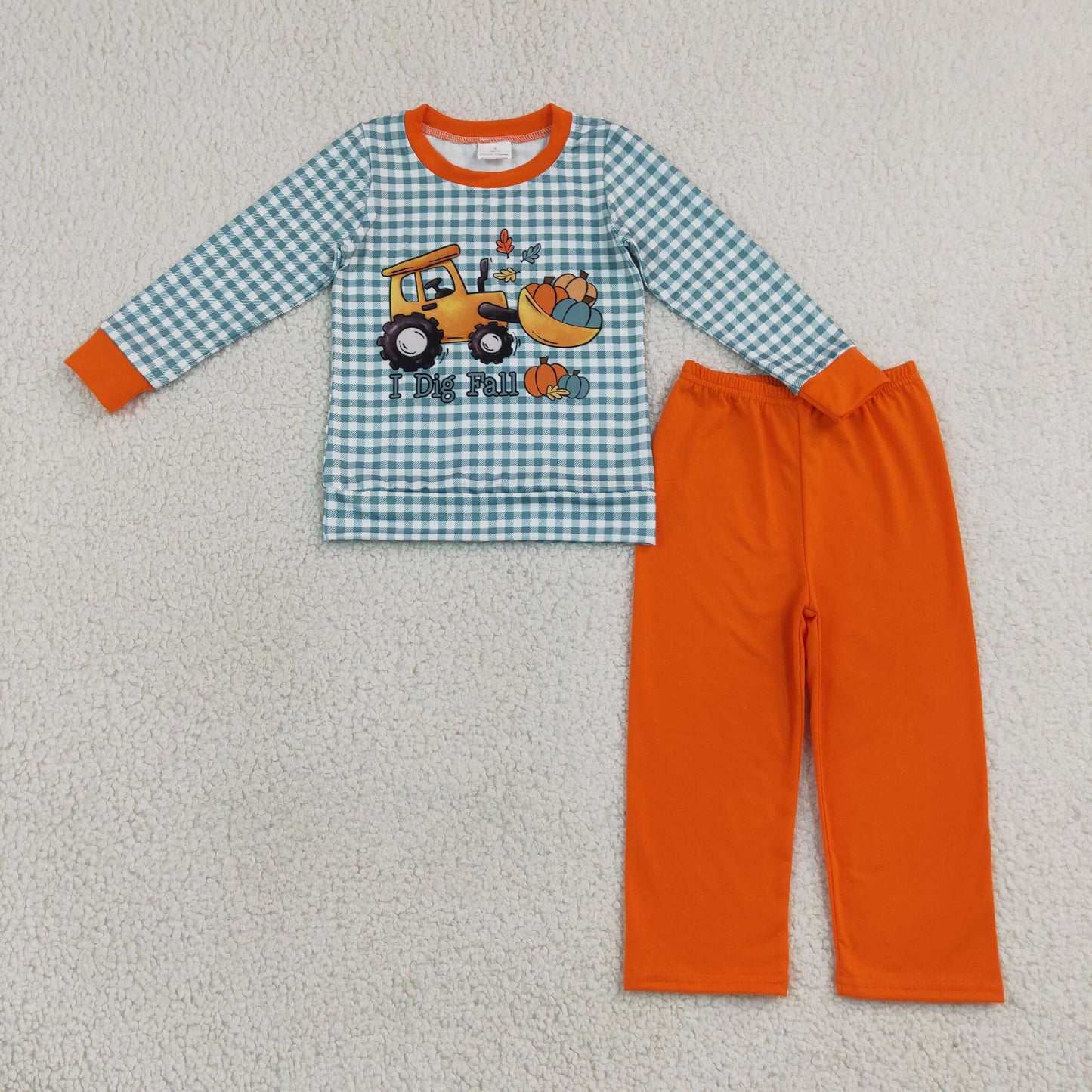 NEW RTS NO MOQ milk silk BLP1542 Baby Boys Pumpkins Truck Checked Top Pant Fall Clothes Set