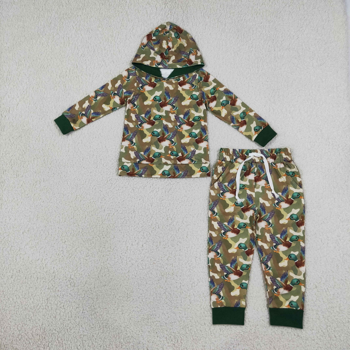 NEW RTS NO MOQ milk silk BLP1543 Baby Boys Green Camo Ducks Hoodie Pockets Jogger Hunting Clothes Set