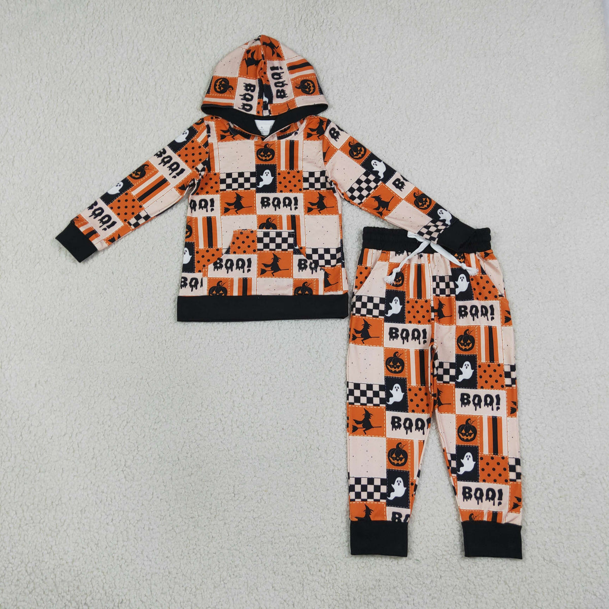 NEW RTS NO MOQ milk silk BLP1544 Baby Boys Ghost Pumpkins Hoodie Pockets Jogger Halloween Clothes Set